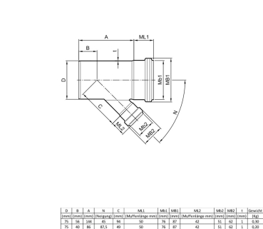 Edelstahl Abzweig V4A 75/50/45 Grad